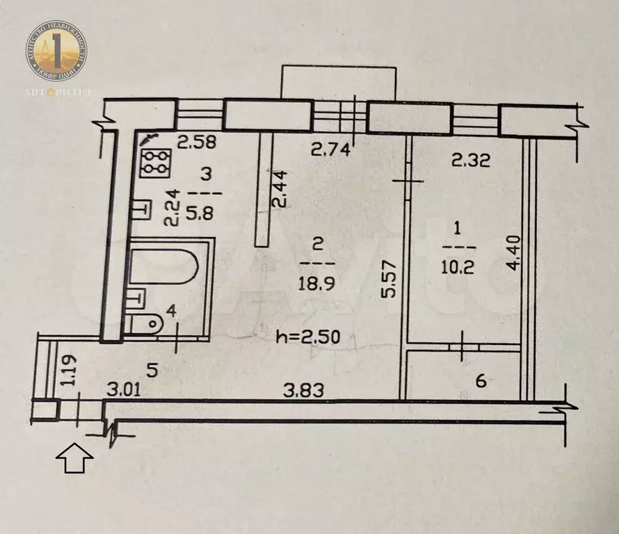 2-к. квартира, 43,6 м, 4/4 эт. - Фото 0