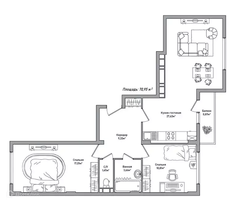 Продаётся 2-к квартира, 70.95 м - Фото 0