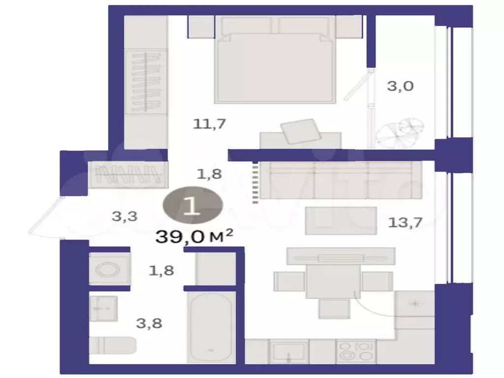 1-к. квартира, 39 м, 7/9 эт. - Фото 1