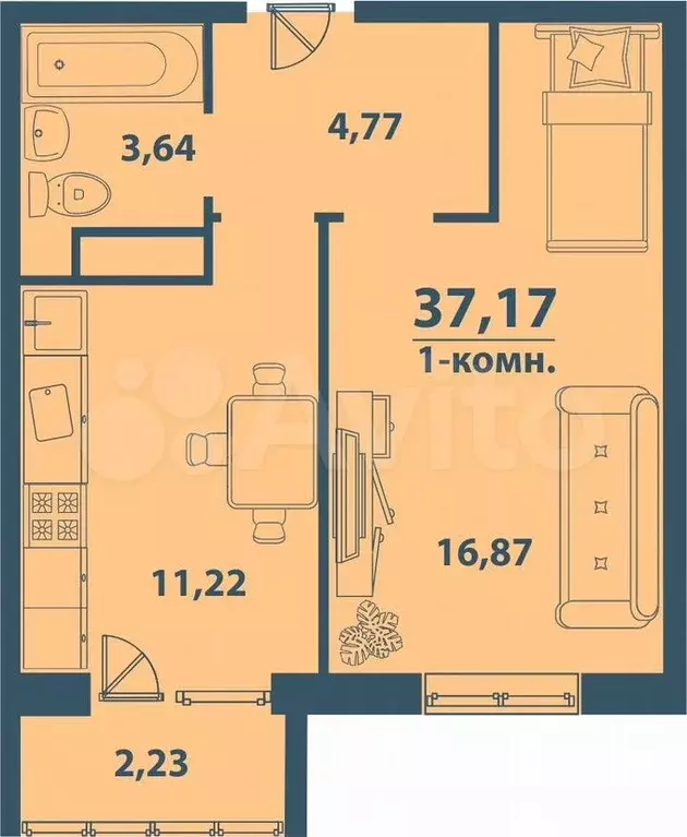 1-к. квартира, 37,2 м, 7/7 эт. - Фото 1