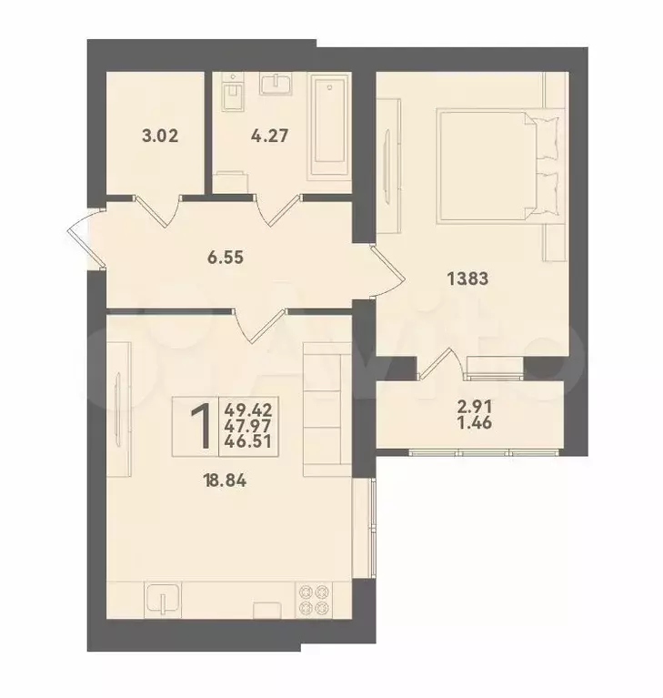 1-к. квартира, 48 м, 4/4 эт. - Фото 1
