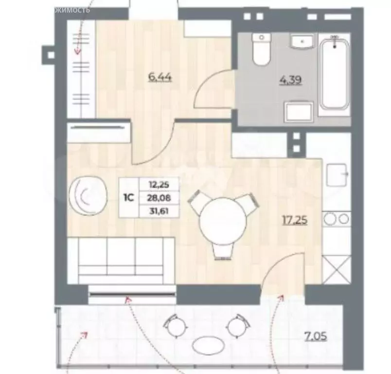 Квартира-студия: Новосибирск, улица Гоголя, 222 (32 м) - Фото 1