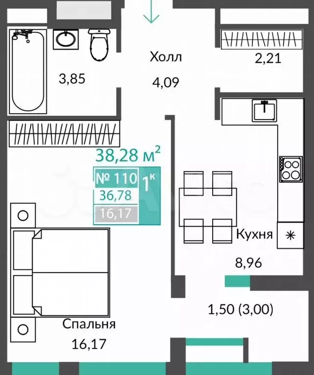 1-к. квартира, 36,8м, 2/12эт. - Фото 0