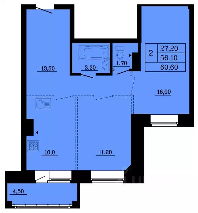 2-к кв. Омская область, Омск ул. Малиновского, 16к2 (60.6 м) - Фото 1