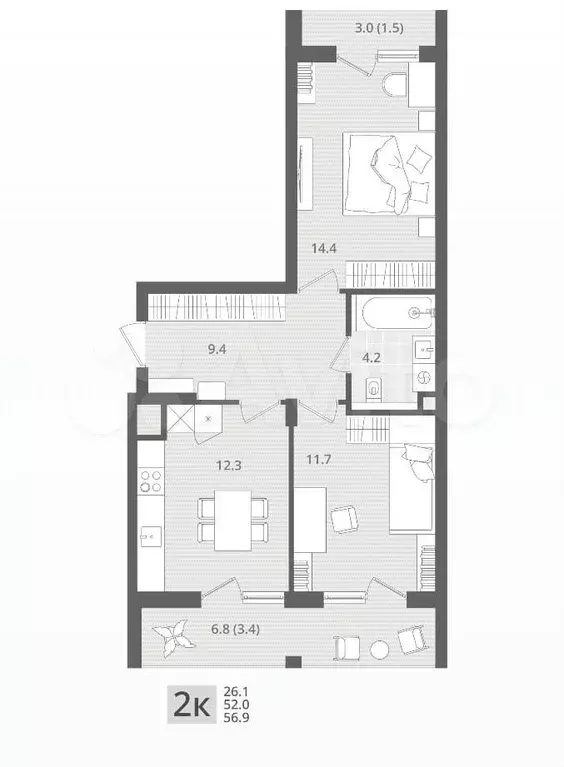 2-к. квартира, 56,9 м, 1/7 эт. - Фото 1