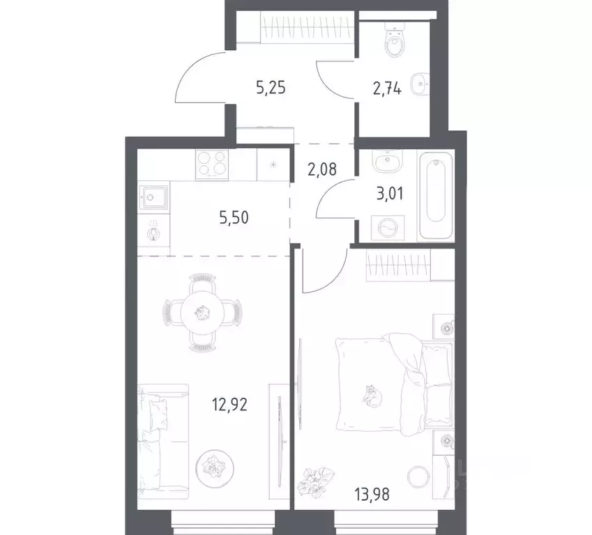 Квартира, 1 комната, 45.48 м - Фото 1