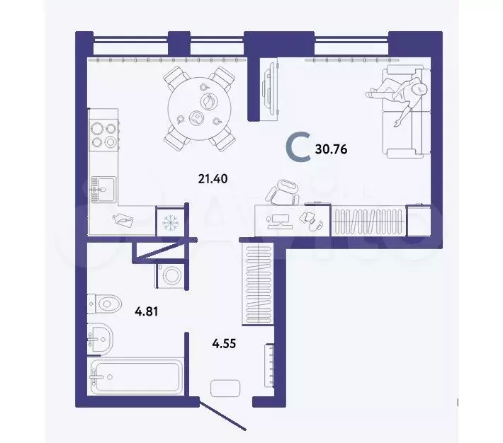 Квартира-студия, 30,8 м, 3/16 эт. - Фото 1