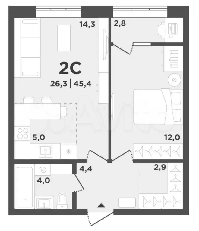 2-к. квартира, 45,4 м, 5/9 эт. - Фото 0
