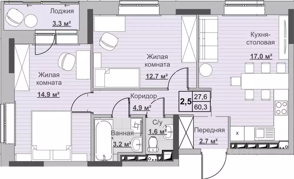 2-к кв. Удмуртия, Ижевск ул. Ухтомского (60.0 м) - Фото 0