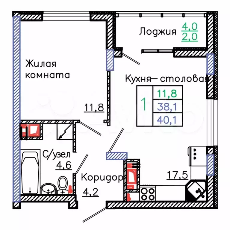 1-к. квартира, 40,1 м, 15/18 эт. - Фото 0