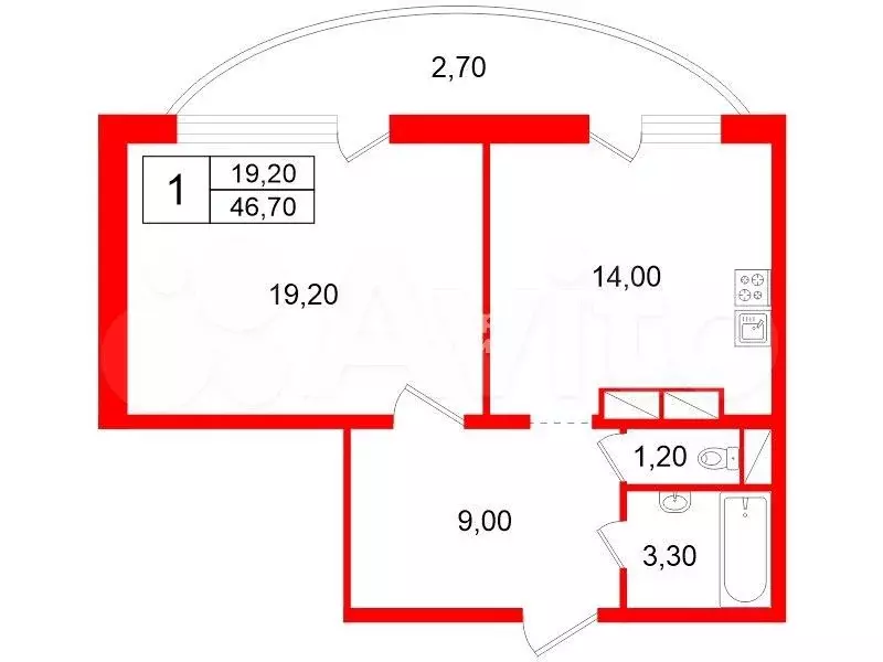 1-к. квартира, 46,7 м, 9/9 эт. - Фото 0