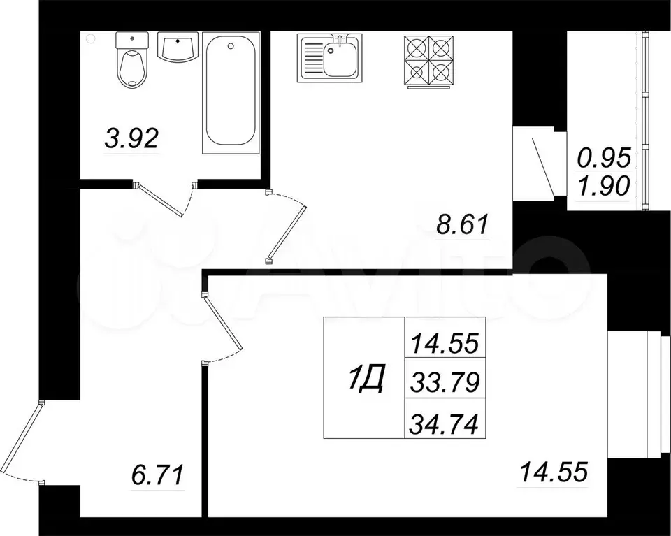 1-к. квартира, 34,7м, 3/10эт. - Фото 0