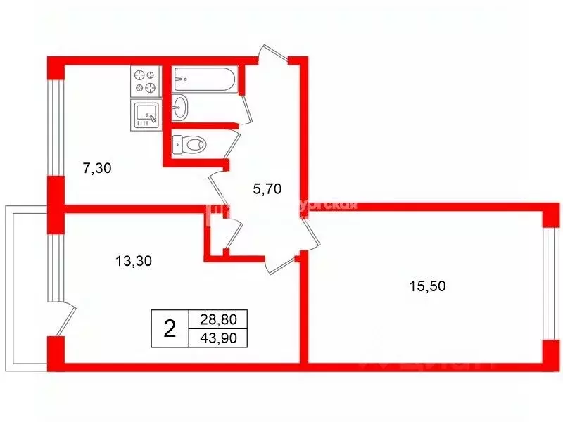 2-к кв. Санкт-Петербург просп. Науки, 79К1 (43.9 м) - Фото 2