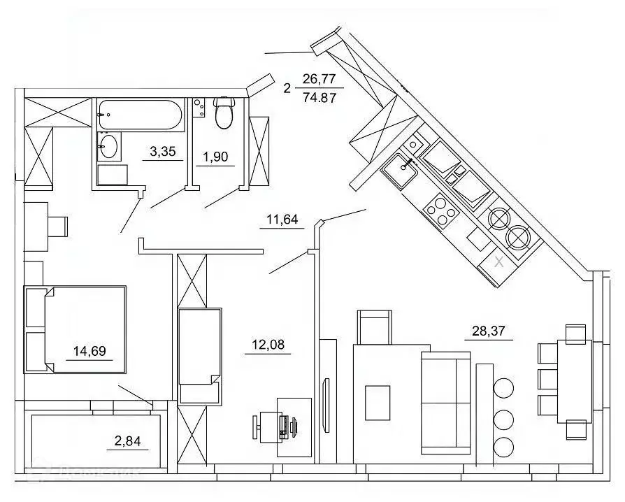 2-к кв. Рязанская область, Рязань ул. Земнухова (74.87 м) - Фото 1
