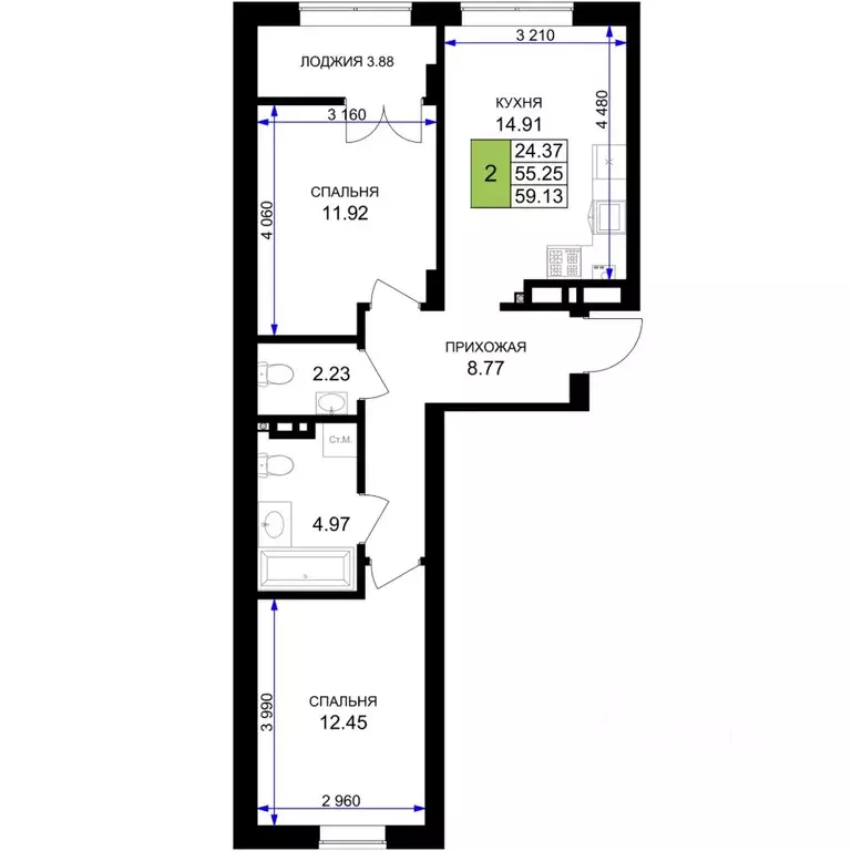 2-к кв. Калининградская область, Гурьевск Включи жилой комплекс (59.13 ... - Фото 1