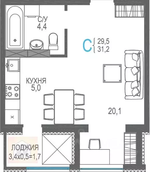 Студия Крым, Евпатория просп. Ленина, 68к20 (31.2 м) - Фото 1