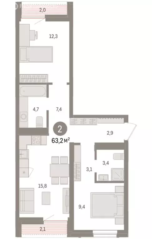 2-комнатная квартира: Новосибирск, улица Аэропорт (63.18 м) - Фото 1
