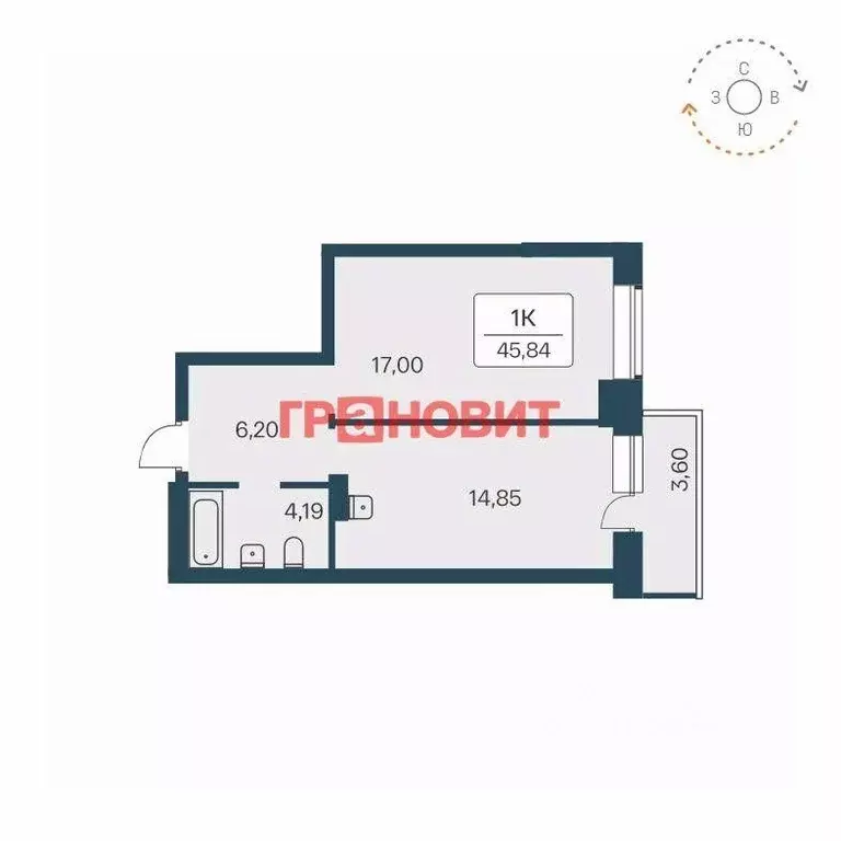 Квартира, 1 комната, 45.8 м - Фото 1