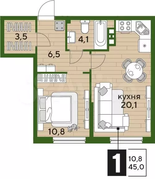 1-к. квартира, 45 м, 3/16 эт. - Фото 1