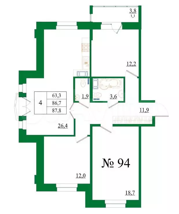 4-к. квартира, 87,8 м, 5/8 эт. - Фото 0