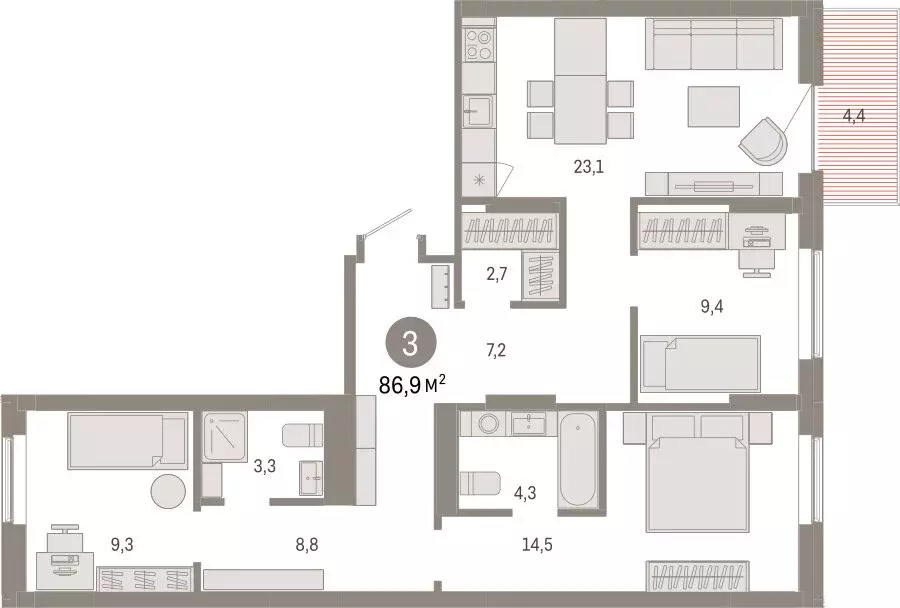 3-комнатная квартира: Омск, Кировский округ (86.9 м) - Фото 1