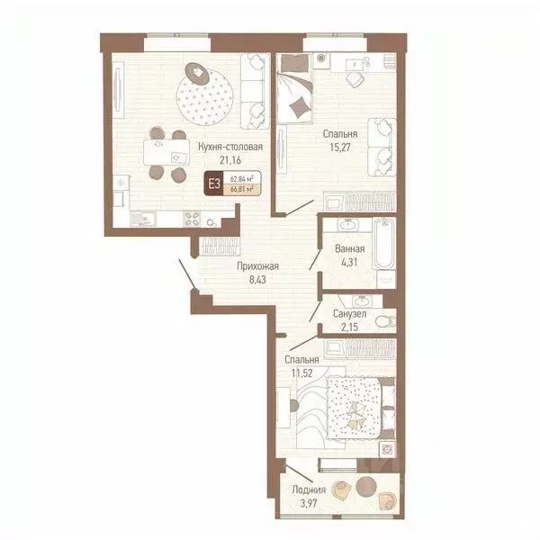 2-к кв. Тульская область, Тула Кулик жилой комплекс (64.83 м) - Фото 1