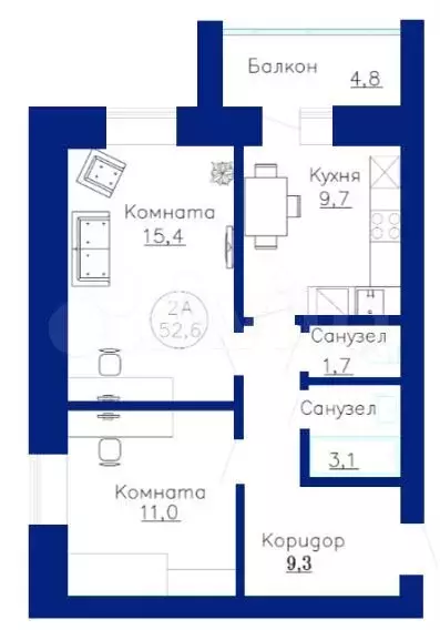 2-к. квартира, 52,6 м, 2/8 эт. - Фото 1