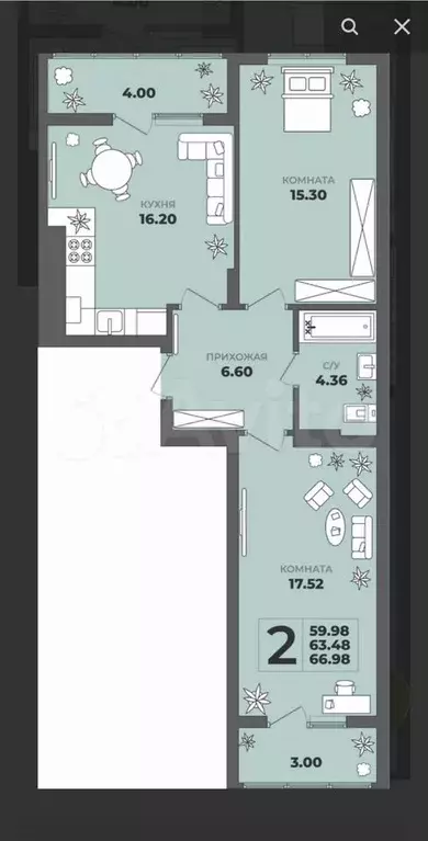 2-к. квартира, 63,5 м, 5/8 эт. - Фото 1