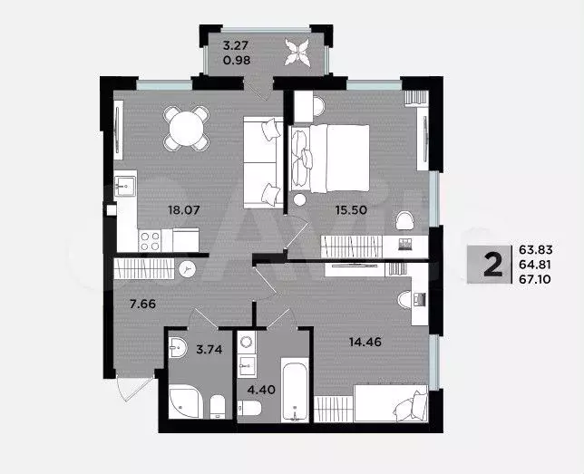 2-к. квартира, 67,1 м, 1/5 эт. - Фото 1
