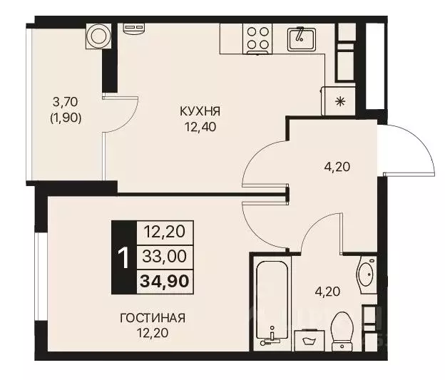 1-к кв. Ростовская область, Ростов-на-Дону Эстет жилой комплекс (34.9 ... - Фото 1