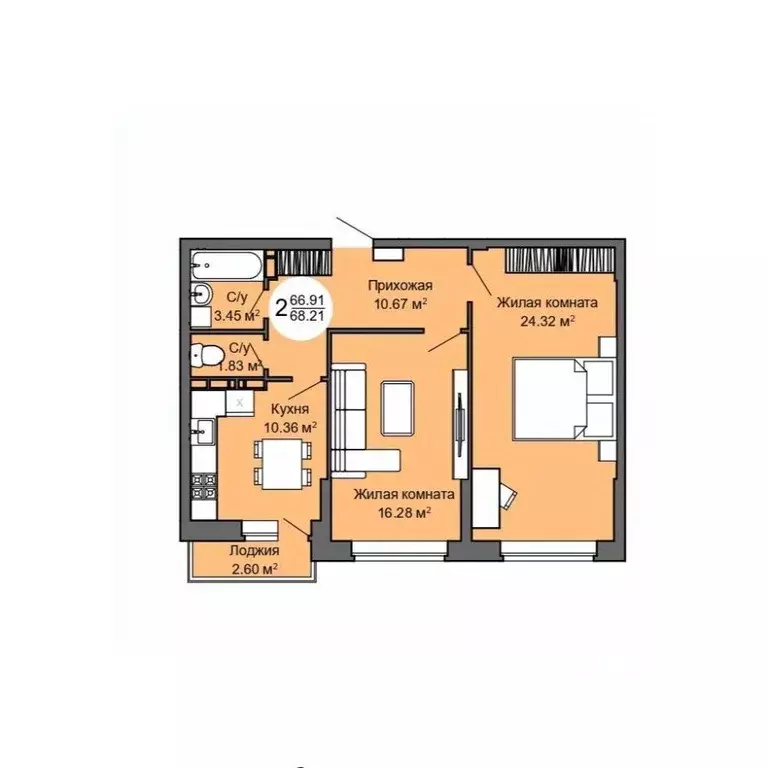 2-к кв. Орловская область, Орел Межквартальная ул., 3 (68.4 м) - Фото 1