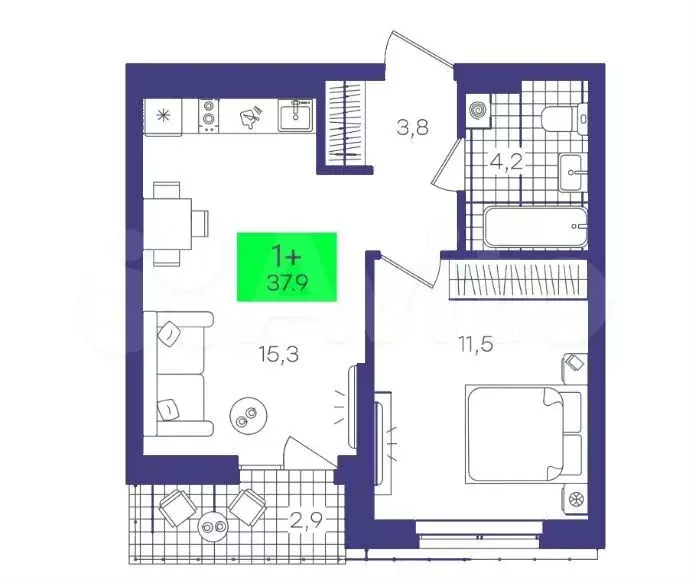 1-к. квартира, 38 м, 7/8 эт. - Фото 1