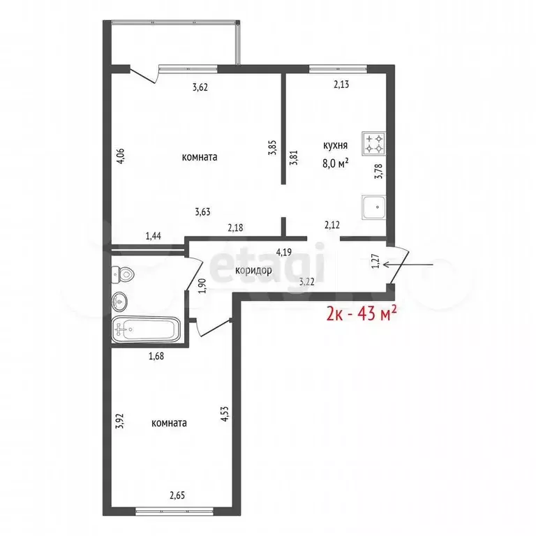 2-к. квартира, 43 м, 3/5 эт. - Фото 0