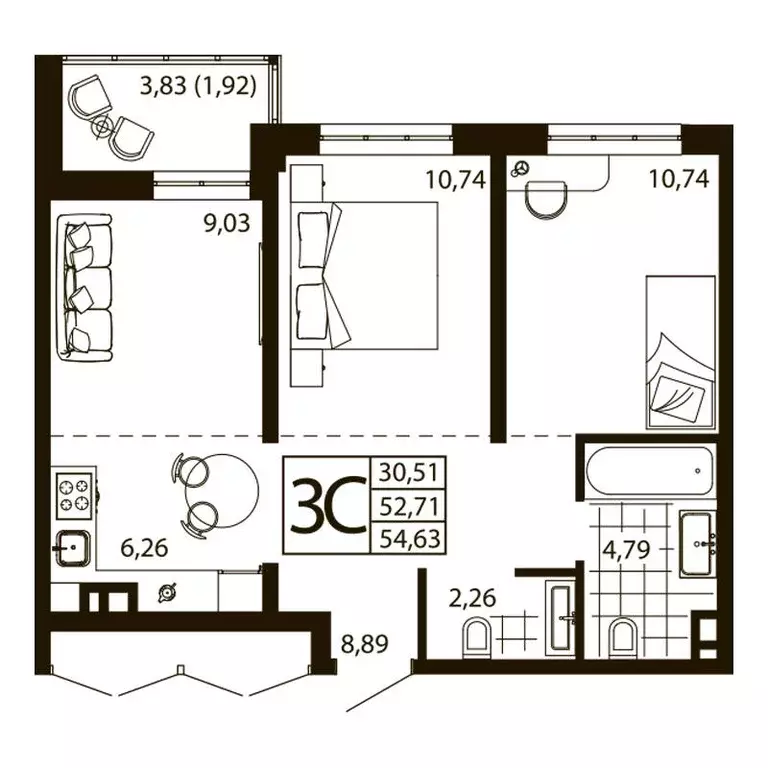 3-к квартира, 54.11 м - Фото 0