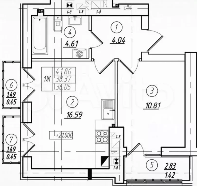 1-к. квартира, 38,4 м, 8/8 эт. - Фото 1