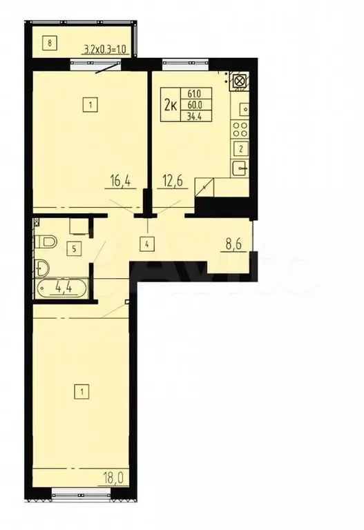 2-к. квартира, 61 м, 5/9 эт. - Фото 1