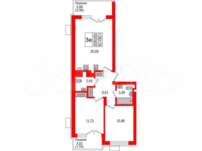 2-к. квартира, 60,7 м, 1/5 эт. - Фото 1