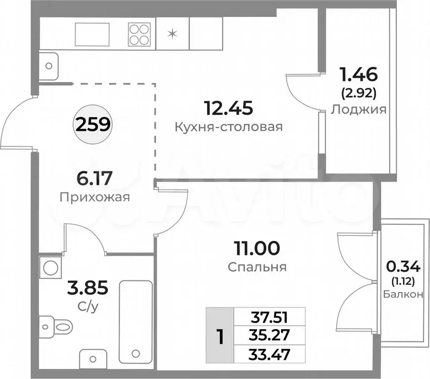 1-к. квартира, 35,3 м, 10/10 эт. - Фото 1