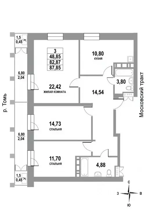 3-к кв. Томская область, Томск тракт Московский, 109Бк3 (87.85 м) - Фото 0