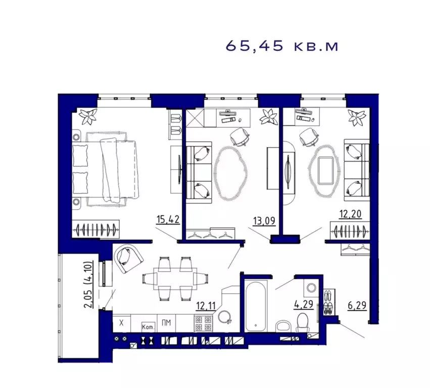 3-комнатная квартира: Аксай, ЖК Авиатор (65.45 м) - Фото 0