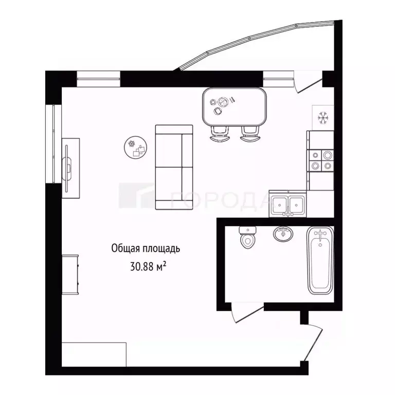 Студия Новосибирская область, Новосибирск Тополевая ул., с5 (30.88 м) - Фото 1