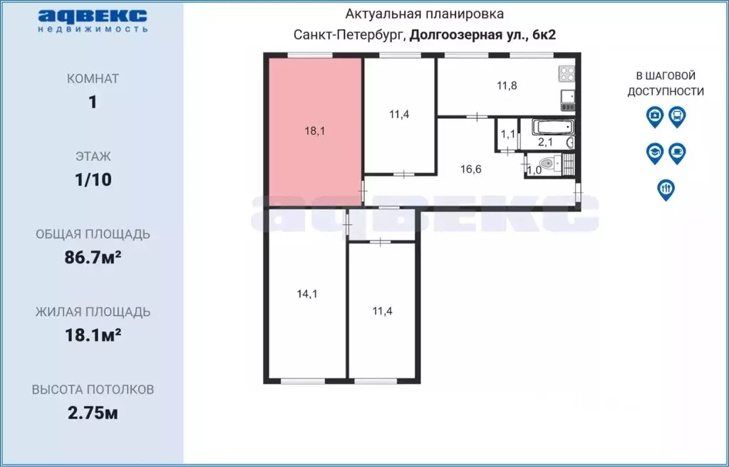 Комната Санкт-Петербург Долгоозерная ул., 6К2 (18.1 м) - Фото 1