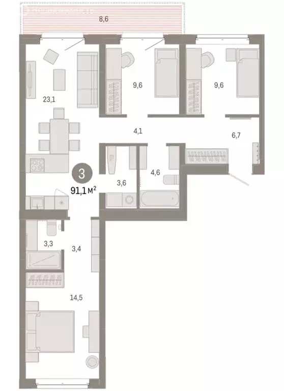 3-комнатная квартира: Тюмень, жилой комплекс На Минской (91.05 м) - Фото 1
