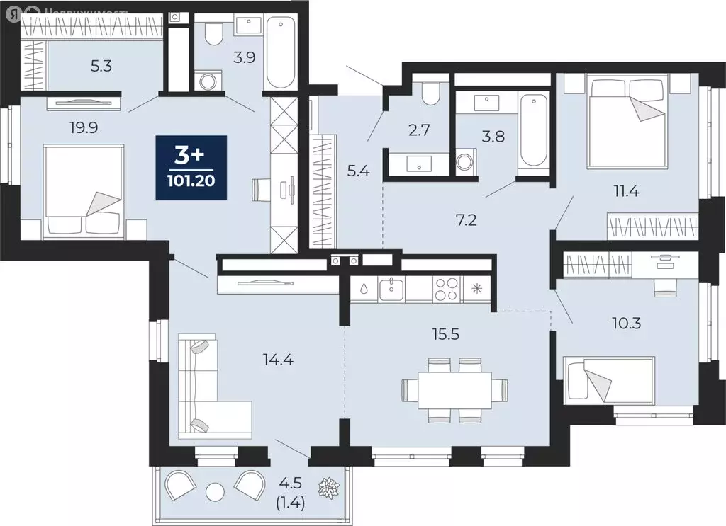 3-комнатная квартира: Тюмень, проезд Капитана Куликова, 7 (104.3 м) - Фото 1