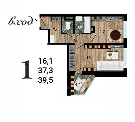 1-к кв. Воронежская область, Воронеж 8 Элемент жилой комплекс (39.83 ... - Фото 1