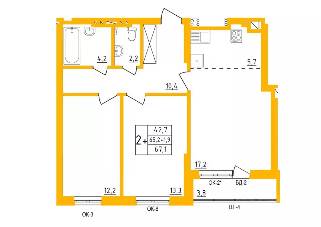 2-к кв. Башкортостан, Уфа Инорс-4Б мкр, Акварель жилой комплекс (66.6 ... - Фото 1
