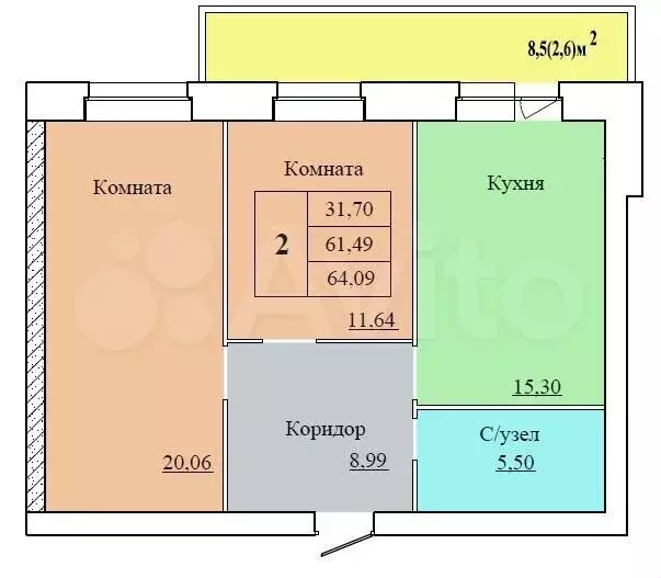 2-к. квартира, 64,1 м, 5/12 эт. - Фото 0