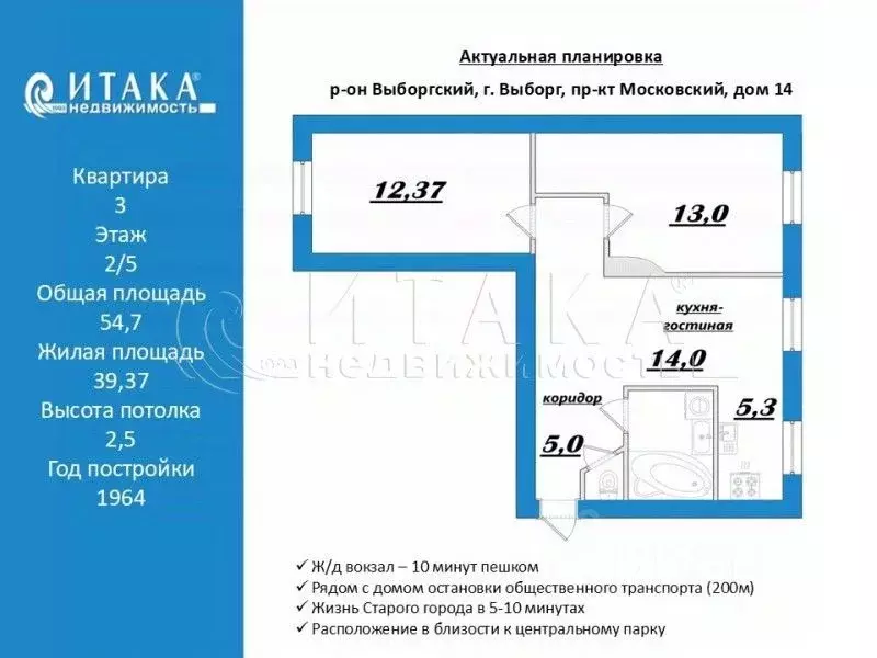 3-к кв. Ленинградская область, Выборг Московский просп., 14 (54.7 м) - Фото 2