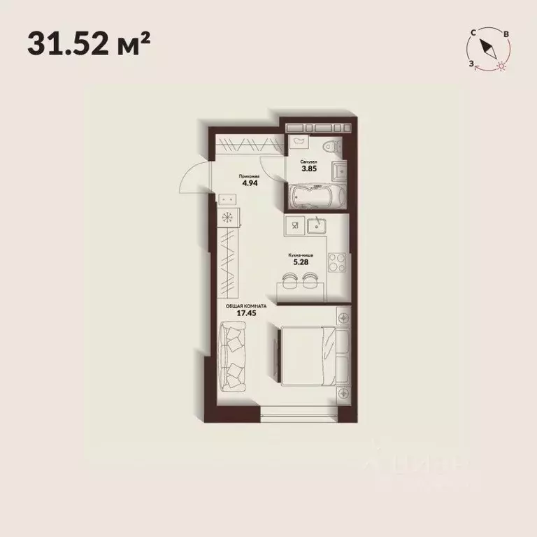 Студия Приморский край, Владивосток Каскада жилой комплекс (31.52 м) - Фото 1