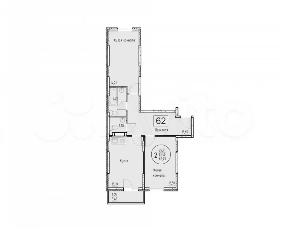 2-к. квартира, 64,1 м, 5/10 эт. - Фото 0